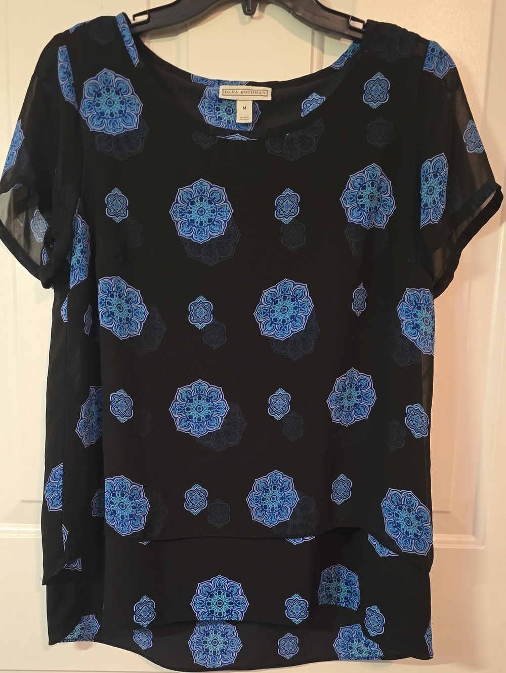 Dana Buchman Black Blouse with Blue Medallion Print